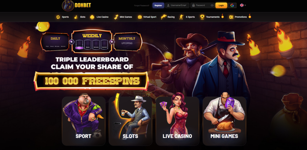 DonBet casino homepage displaying the Italian mafia theme and welcome bonus options