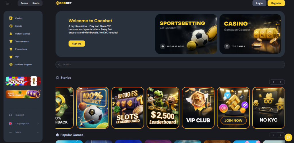 CocoBet casino homepage showing the crypto-first lobby and welcome offer