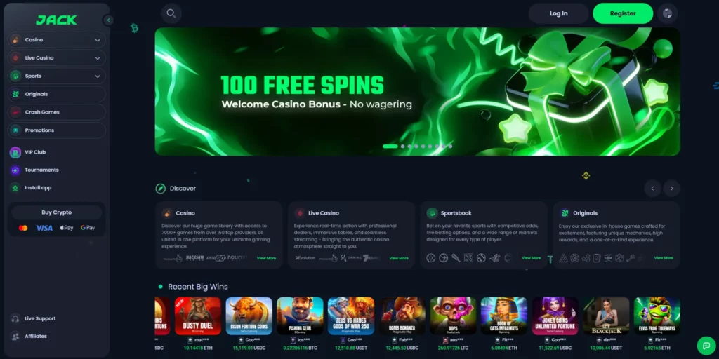 JACK casino homepage at jack.com showing the crypto-first sportsbook and casino lobby